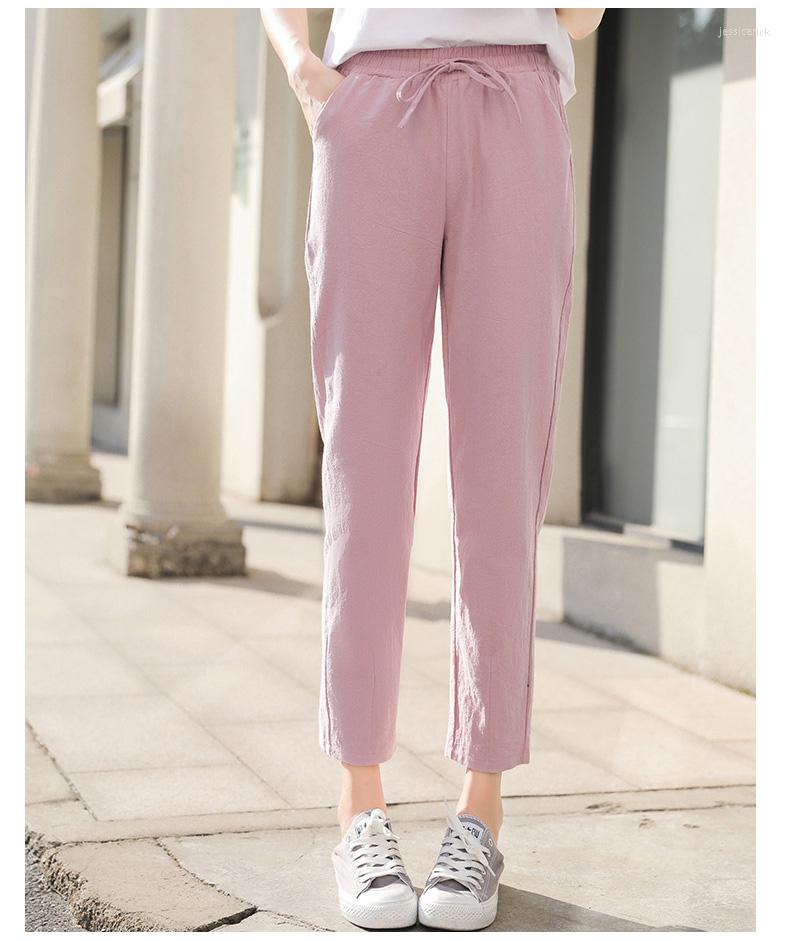 

Women' Jeans Womens Spring Summer Pants Cotton Linen Solid Elastic Waist Candy Colors Harem Trousers Soft High Quality For Female Ladys, Beige