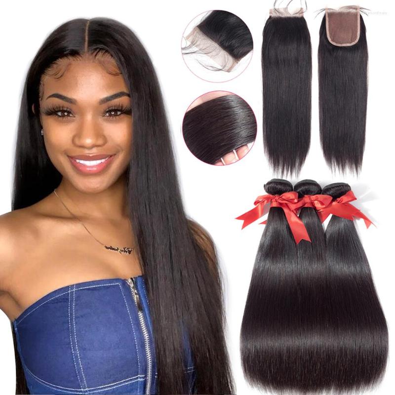 

Human Hair Bulks Straight Bundles With Closure Brazilian Weave 3/4 Extension TLace Remy