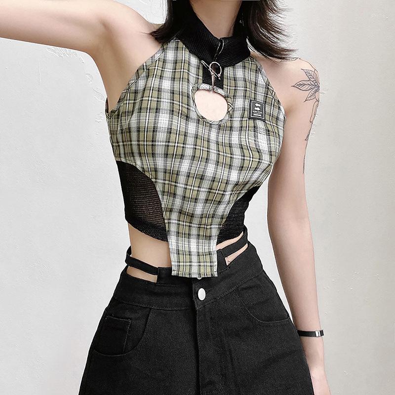 

Women' Tanks Retro Plaid Sleeveless Crop Top Turn Down Collar Fake Two Pieces Slim Fit Harajuku Female Hollow Out Party Tank Tops, Picture shown