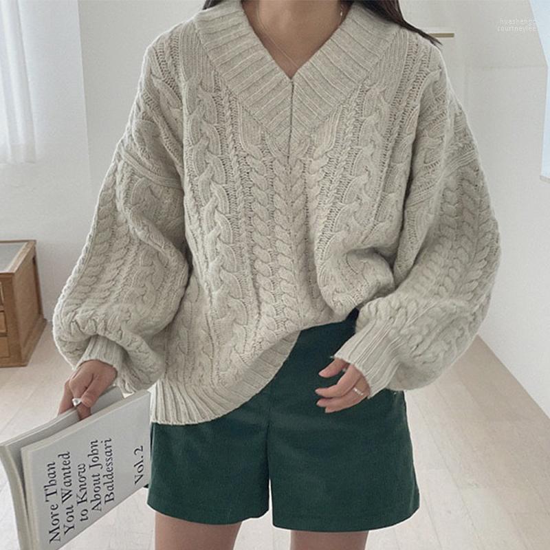 

Women's Sweaters Women's Korea Chic Autumn And Winter Retro Lazy Style V-neck Woven Pattern Pullover Loose Lantern Sleeve Knitted Warm, White lace shirt
