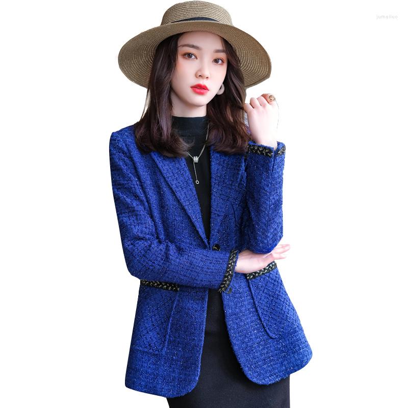 

Women' Suits High Quality Fashion Autumn Winter Ladies Blazer Women Black Blue Single Breasted Jacket Coat With Real Pockets, Blue blazer