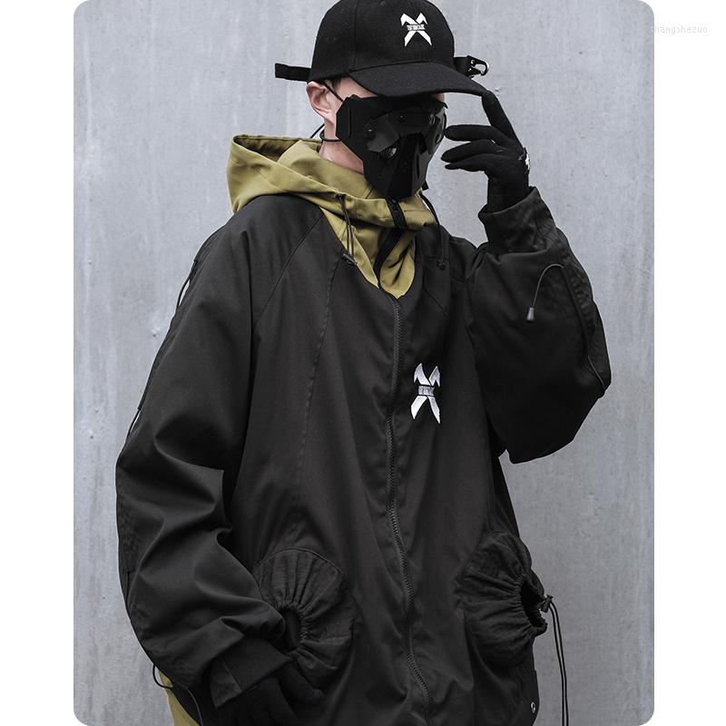 

Men's Jackets Fake Two Pieces Hooded Jacket Functional Unisex Men's Clothes Harajuku Oversize High Street Hiphop Multifunctional, Black