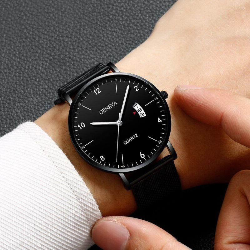 

Wristwatches Men Watches 2022 Luxury Stainless Steel Mesh Calendar Watch Quartz Relogio Masculino Wristwatch, L black