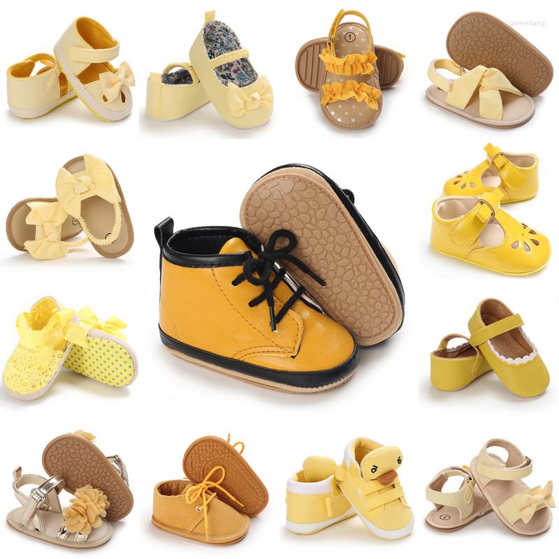 

First Walkers Yellow Born Baby Shoes Boy Girl Classic Bowknot Rubber Sole Anti-slip PU Walker Toddler, C-334 yellow