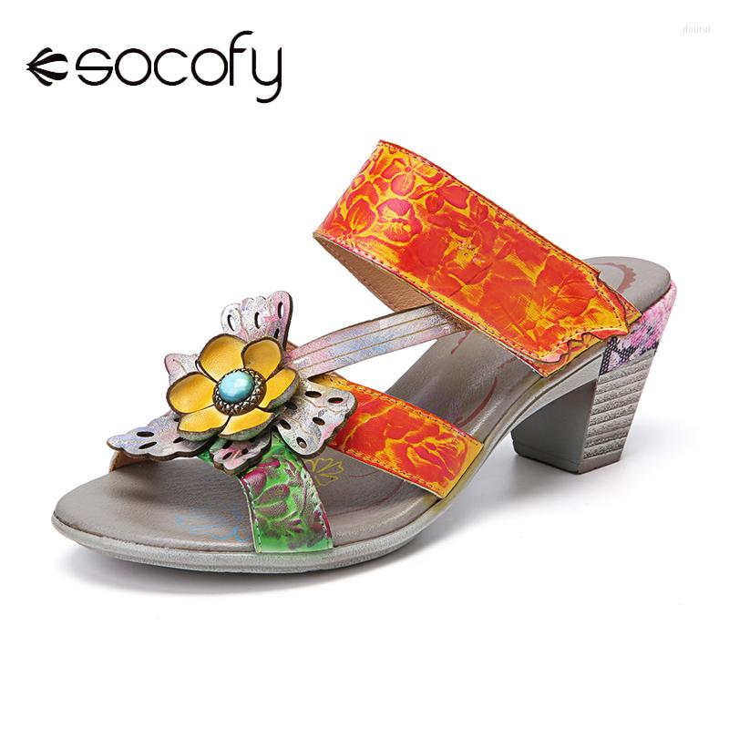 

Dress Shoes Socofy Floral Date Opened Toe Sling Back Hook Loop Bohemian Leather Chunky Heel Sandals Women Autumn Summer Heeled, Yellow