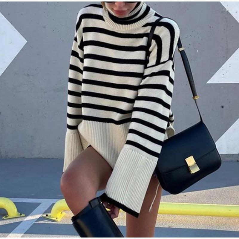 

Women' Sweaters Oversized Striped Slits Women' Turtleneck Sweater Loose Casual Pullover Women 2022 Autumn Winter INS Fashion Warm Knit, Beige