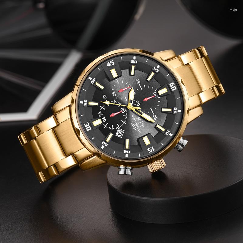

Wristwatches KAT-WACH Chronograph Men Sport Watch For Male Clock Golden 50M Waterproof Wrist Relogio Masculino Stainless Steel, Gold