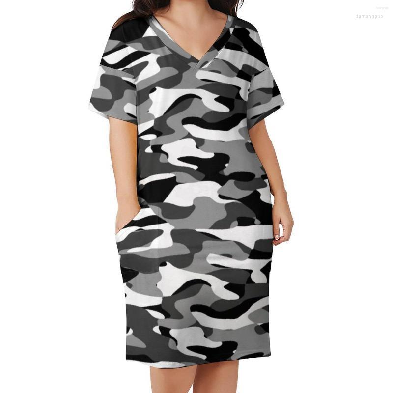 

Plus Size Dresses Dark Gray Camo Dress V Neck Black And White Camouflage Retro Aesthetic Print Casual With Pockets 4XL 5XL, Style-19