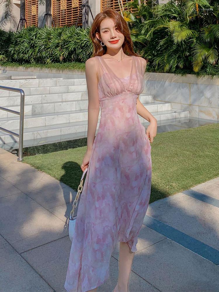 

Casual Dresses Elegant For Women 2022 Sweet Pink Sleeveless Backless Floral Maxi Mesh Robe Chiffon Beach Vacation Female Dress Vestidos