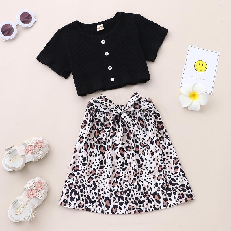 

Girl Dresses Baby Kids Girls Two Piece Outfits Summer Short Sleeve Button Shirt Bowknot Leopard Skirt 2pcs Suit Fashion Children Vestidos, Black