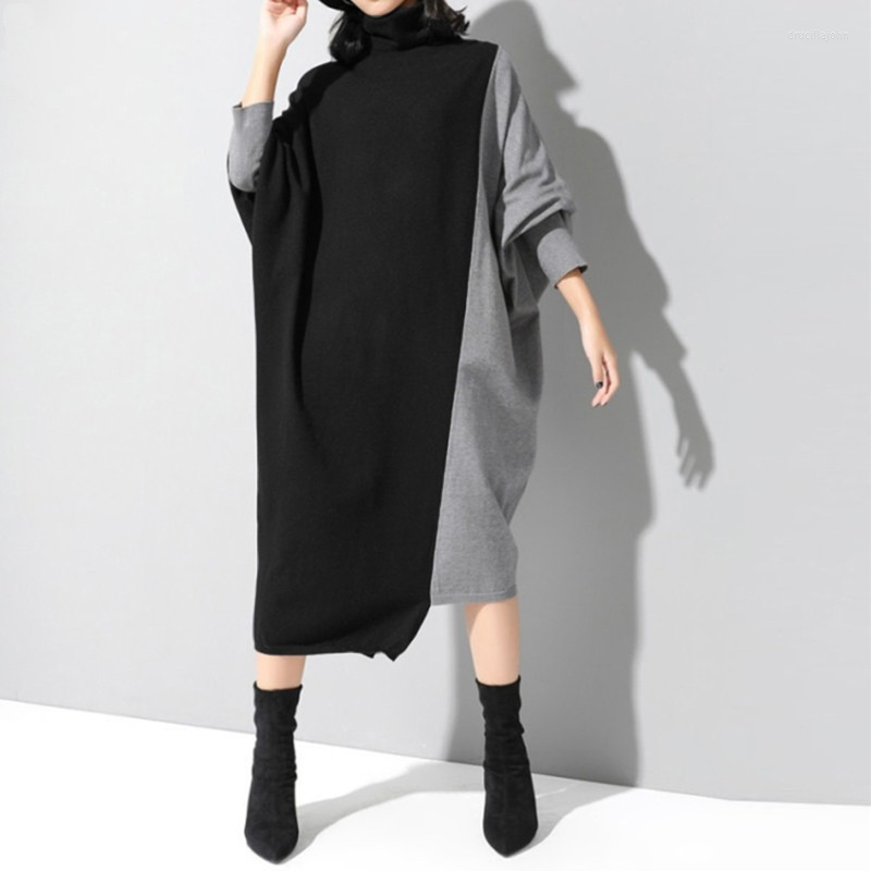 

Casual Dresses Black Gray Knitting Batwing Sleeve Long Dress Turtleneck Women Oversized Loose Fit Patchwork Fashion Tide Autumn Winter 2022
