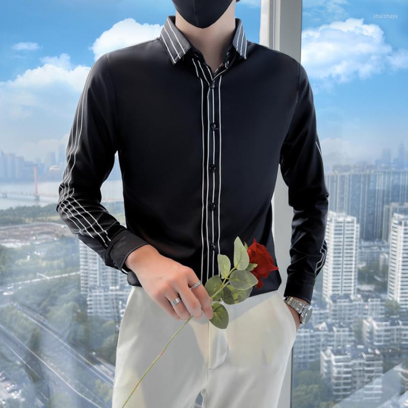 

Men's Casual Shirts 2022 Personality Striped Men Slim Fit Long Sleeve Shirt Streetwear Social Camisa Masculina Party Tuxedo Blouse, Black