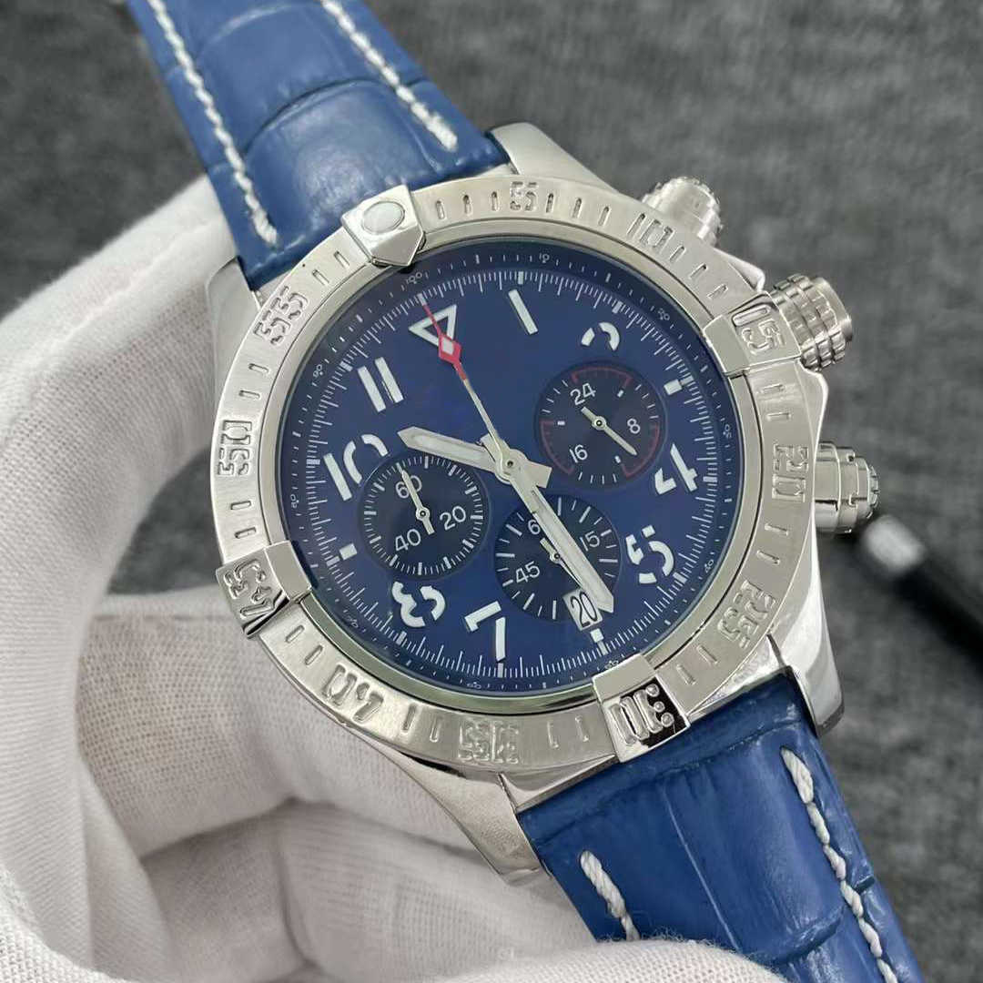 

Luxury Men's Watch Blue Dial Japan Super Quartz Chronograph 45mm Avenger Hurricane SEA Leather Strap 1884 Men Watches Hardlex Glass