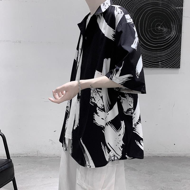 

Men's Casual Shirts Men's Short-sleeved Hong Kong Ruffian And Handsome Print Shirt Summer Korean Loose-fitting Top, Black