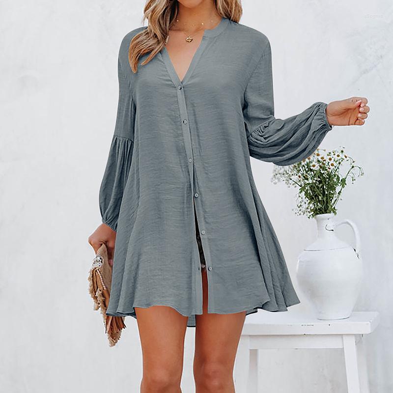 

Casual Dresses Women Shirts Dress Button-down Loose Long Shirt Tops 2022 Autumn Solid Color Sleeve V-neck Blouses Female Spring Top, Black