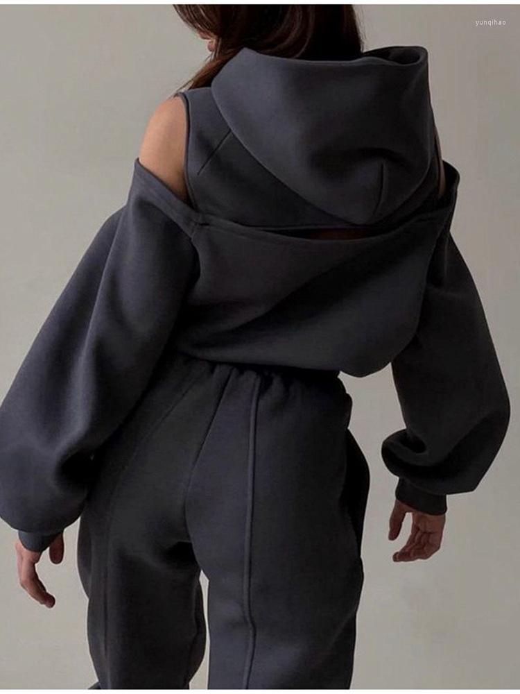

Women' Two Piece Pants Autumn Winter Women Solid Sets Hoodie Off Shoulder Sweatshirts Tops And Pant Suit Female Fashion Tracksuits Black
