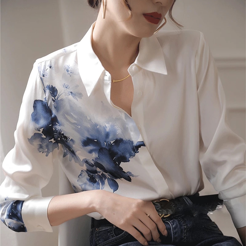 Automne nouveau Vintage encre impression en mousseline de soie chemise col rabattu à manches longues Satin Blouse femmes été Style coréen chemise