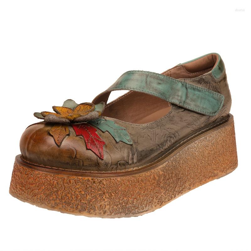 

Dress Shoes YourSeason Ladies Genuine Leather Vintage Hook Loop 2022 Spring Floral Round Toe Handmade Leisure Platform Pumps, Camel