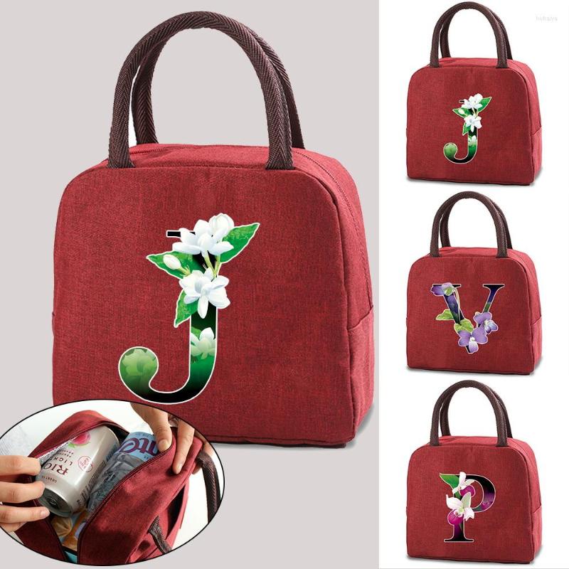 

Duffel Bags Portable Lunch Bag Insulated Cooler Flower Color Letter Print Thermal Food Picnic Box Women Girl Kids Children Handbag, Red