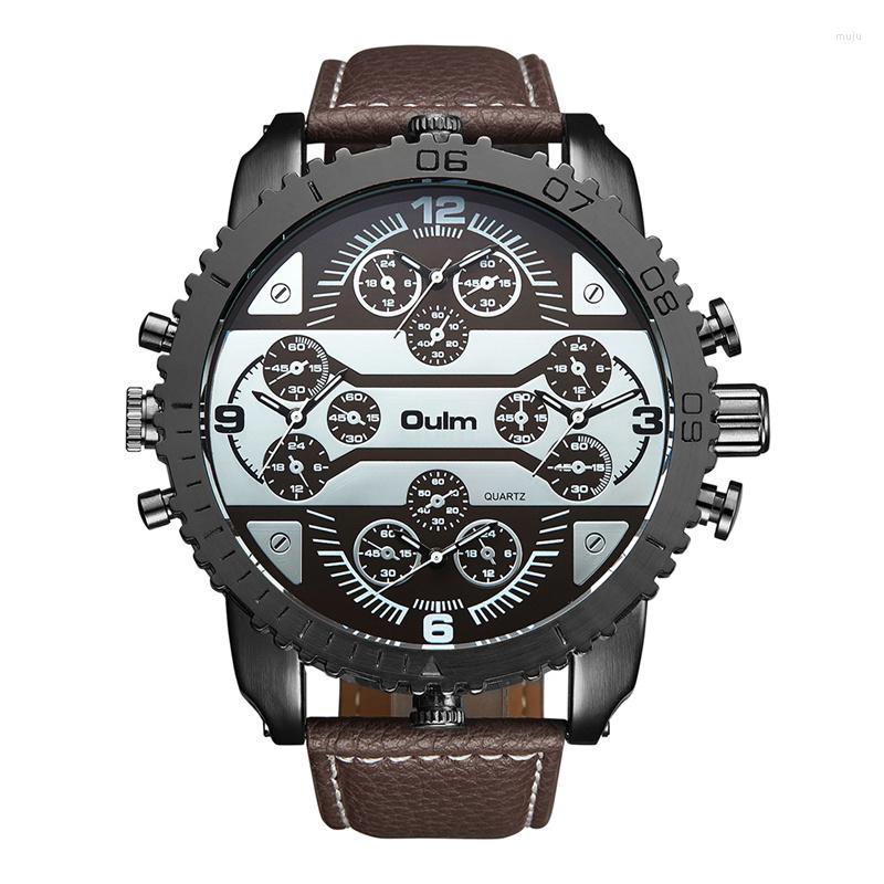

Wristwatches Oulm Big Dial Watch For Men Four Time Zone Large Quartz Watches Man Casual PU Leather Wristwatch Luxury Clock Male Reloj Hombre, Brown