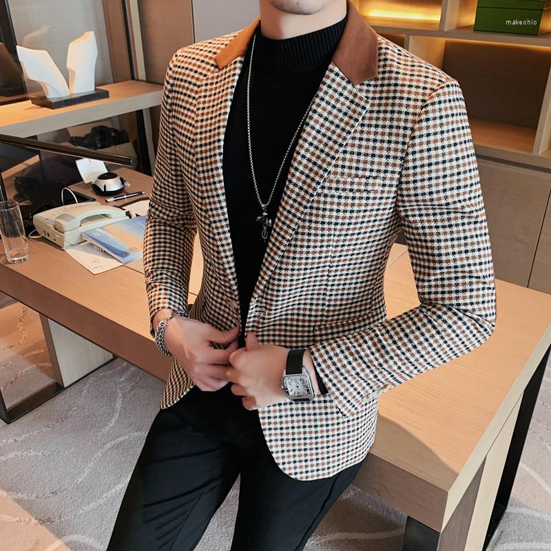 

Men's Suits Brand Houndstooth Blazer Masculino Autumn Winter Business Casual Suit Jacket Men Clothing Street Wear Social Wedding Dress Coat, Black