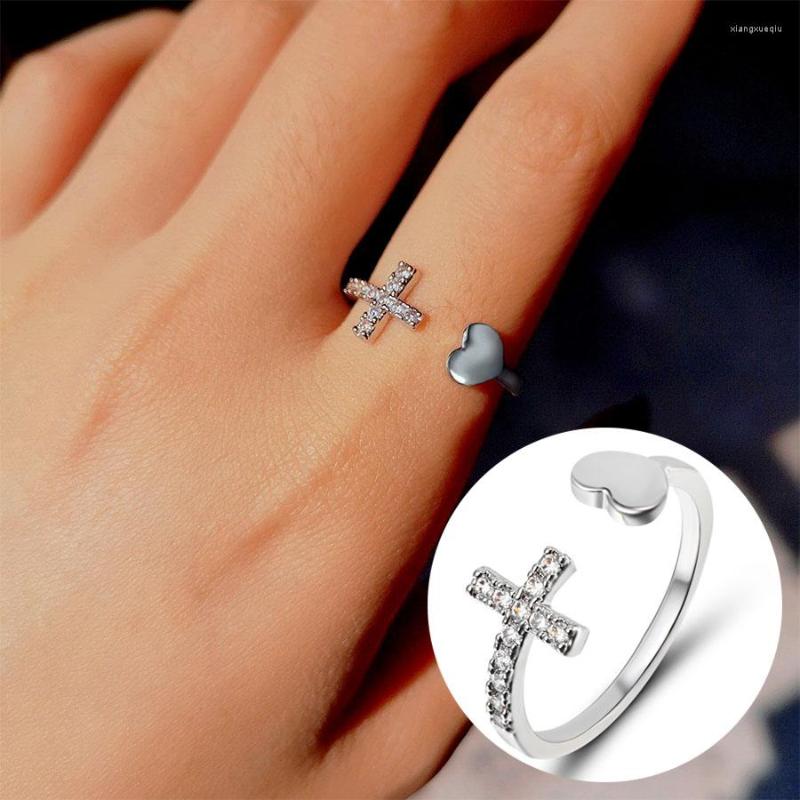 

Wedding Rings Classic Silver Color Rhinestone Cross Ring Open Cuff Love Heart Adjustable For Women Girls Party Valentine's Gifts