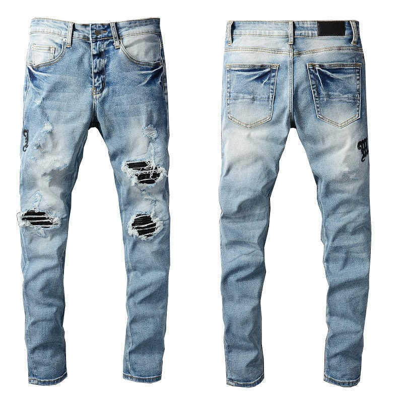 

Mens Jeans Letter Embroidery Slim Distressed Denim Pants Blue Torn Tattered Ripped Black Patches Skinny Straight With Holes Size -40 Long, 679