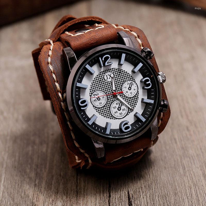 

Wristwatches Retro Watch Men Punk Simple Leather Band Relogio Masculino Brown Fashion Red Style Wide Bracelets Men's Watches, Black