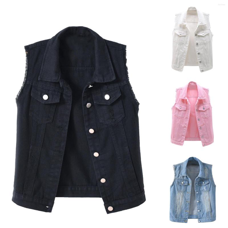 

Women's Vests Women Sleeveless Casual Coats Vest 2022 Turn-Down Collar Solid Single-Breasted Denim Tops Frayed Edge Pockets Jacket 2XL-5XL