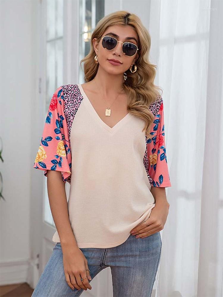 

Women' T Shirts Summer Shirt Womens Clothes Fashion Floral Print Patchwork V Neck Short Sleeve Casual Tee Female Oversized Tshirt Tops, Blue