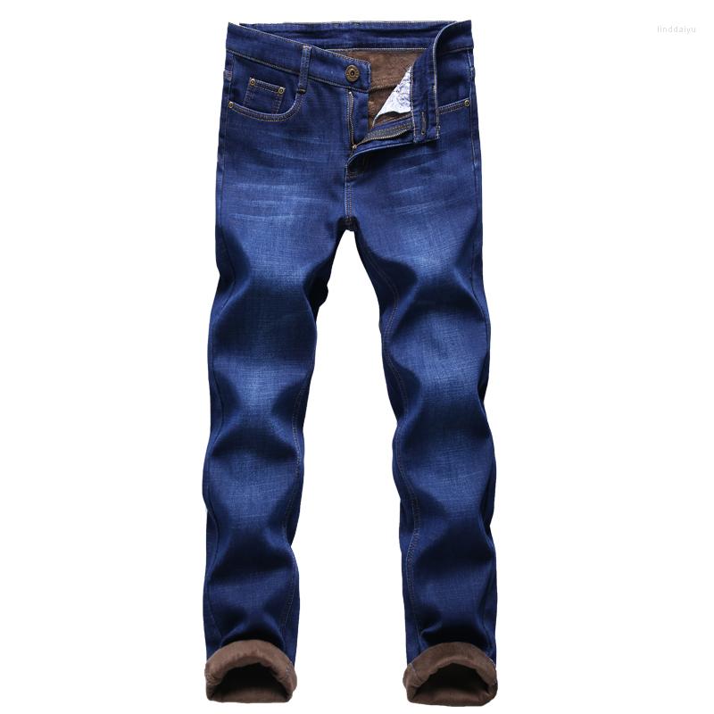 

Men's Jeans 2022 Winter Men Black Slim Fit Stretch Thick Velvet Pants Warm Casual Fleece Trousers Male Plus Size, 009-blue