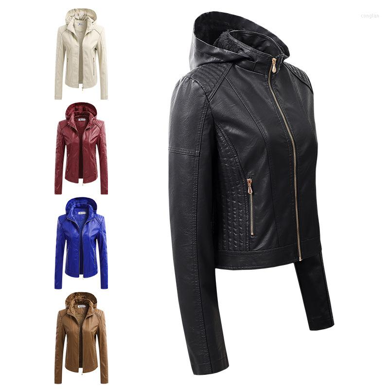 

Women's Leather Women's Jackets Detachable Hooded PU Coats 2022 Autumn Fashion Ladies Solid Color Jacket All-match, Beige
