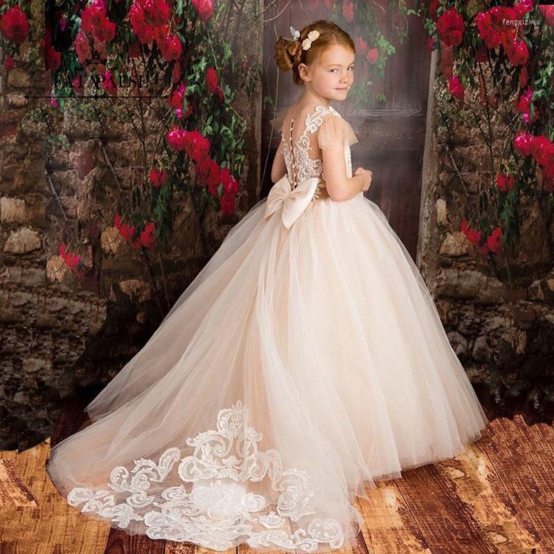 

Girl Dresses FATAPAESE Flower Dress Tulle Party Lace Floral Appqulies Tutu Ball Gown Sleeveless Train Prom Kids Bridesmaid, Champagne