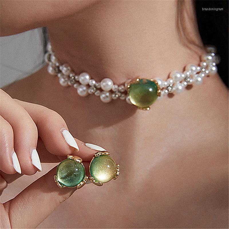 

Necklace Earrings Set Fashion Pearl Green Opal And Choker For Women Elegant Wedding Party Jewelry, Picture shown