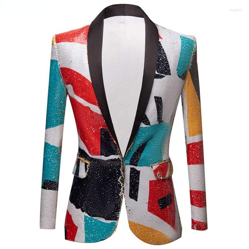 

Men's Suits Stylish Geometric Pattern Sequin Suit Jacket Men Shawl Collar One Button Tuxedo Blazers Mens Party Wedding Singer Costume Homme, Picture shown