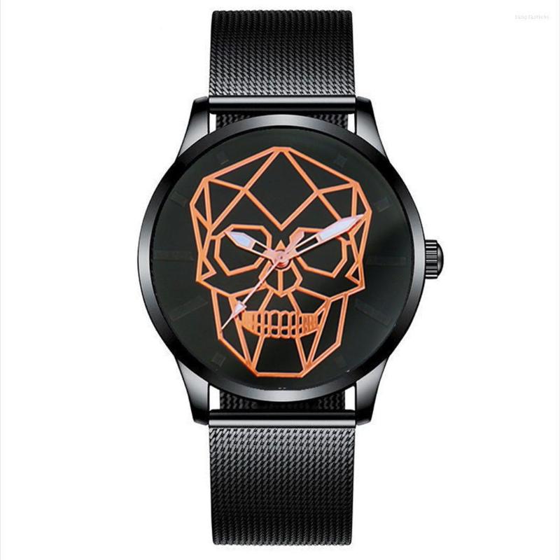 

Wristwatches Men Stainless Steel Mesh Watch Fashion Casual Skull Pattern Quartz Analog Male Military Wristwatch Relogio Masculino, Blue