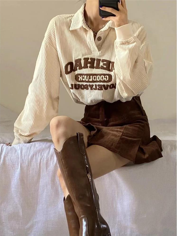 

Women's Hoodies Sweatshirts Deeptown 90s Retro Style Embroidery Women Harajuku Corduroy Beige Oversized Polo Collar Casual Tops Vintage 221010
