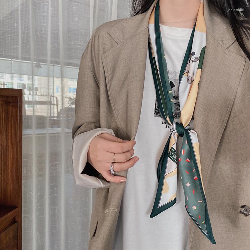 

Scarves Narrow Strip Small Silk Scarf Retro Versatile Printing Shawl Korean Hair Binding Bag Ribbon