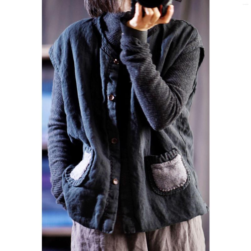 

Women's Vests Women Vest 2022 Winter Spring Cardigan Cotton Linen Padded Pockets Loose Vintage Sleeveless Coat Female YoYiKamomo, Black