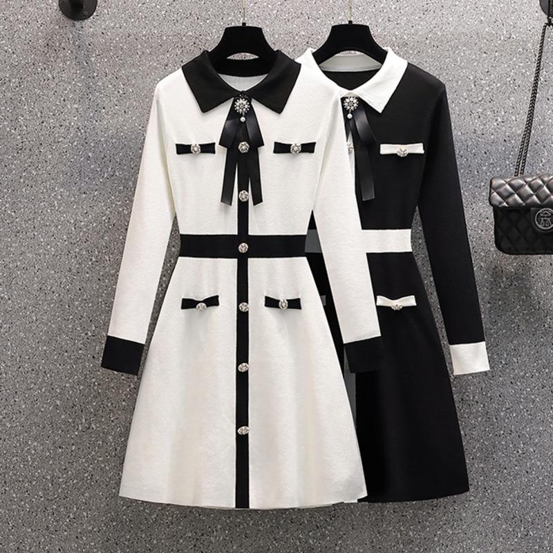 

Casual Dresses Small Fragrance Fall Winter Knitted Sweater Dress Women Bow Tie Buttons Vintage Party Mini Elegant Chic Robe Femme, White