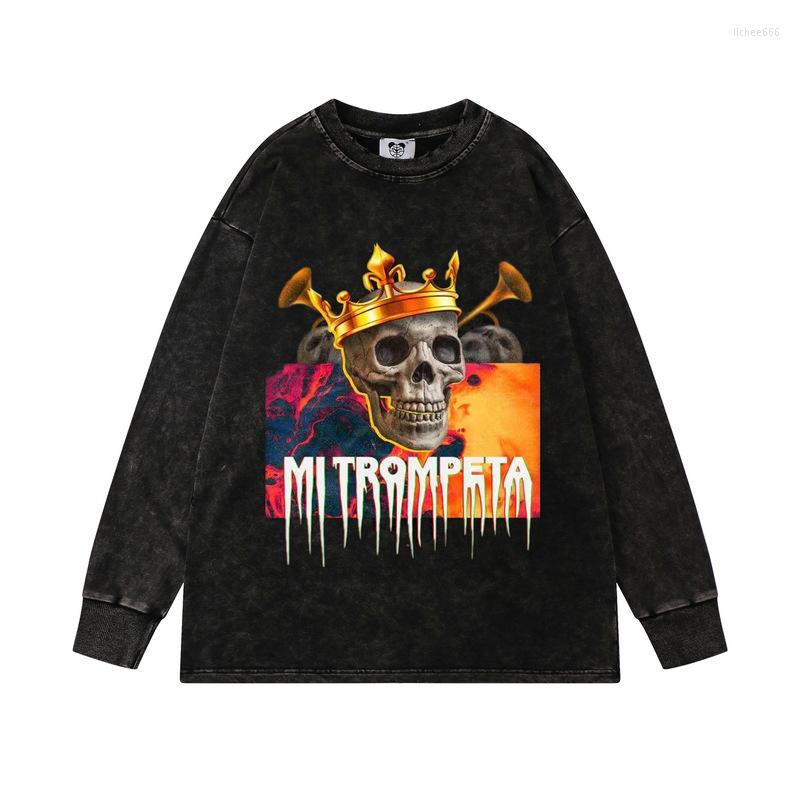 

Men's T Shirts Fashion Vintage Men's T-shirts Washed TShirt Hip Hop Streetwear Crown Skeleton Print Harajuku Cotton Long Sleeves Tops, Xyw09
