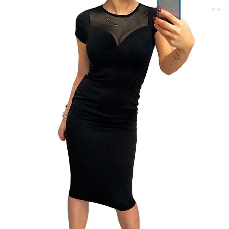 

Casual Dresses Mesh Sexy Bodycon Women Summer Dress Fashion Back Zipper Short Sleeve Office O-Neck Vestidos Mujer Femme Clothes, Black