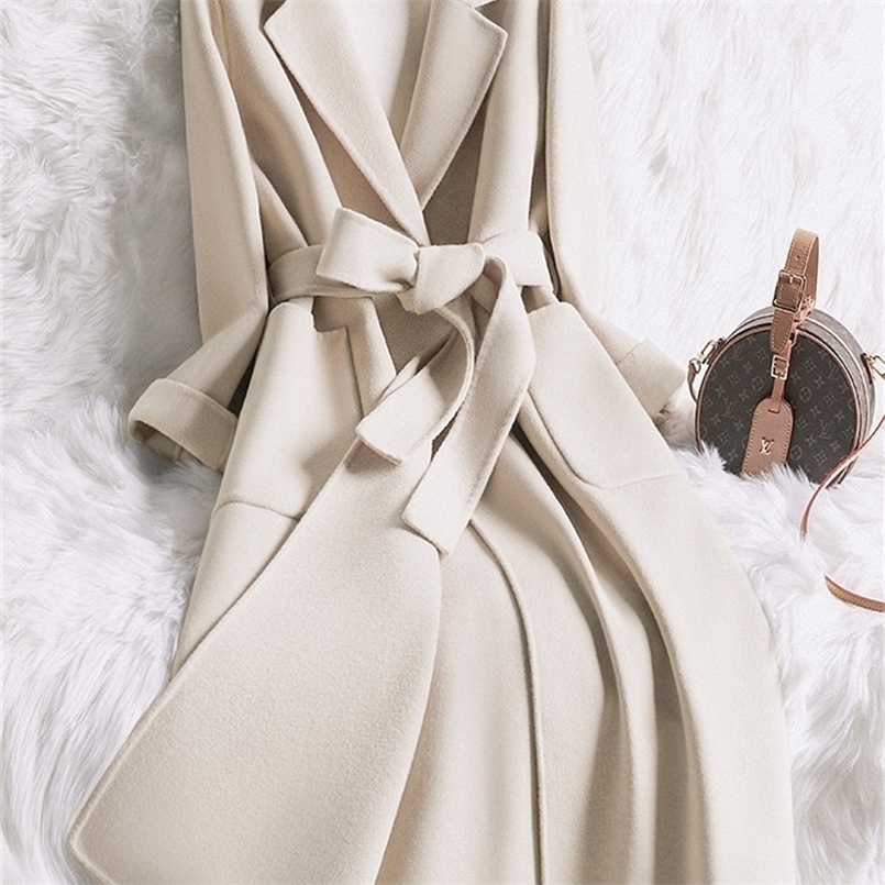 

Women's Wool Blends Woolen coat women's long rice white temperament slim autumn and winter wool women 221010