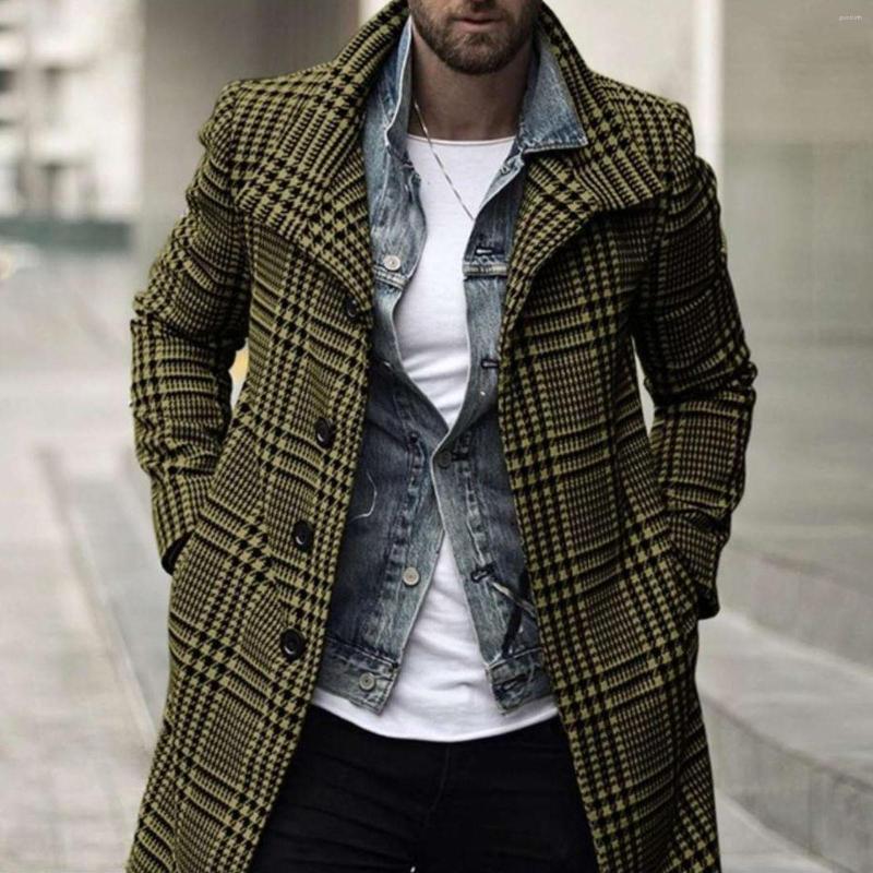 

Men' Wool Men Blends Coats Autumn Winter Plaid Printing High Quality Men' Jacket Turn-down Collar Brand Long Coat #T2G, Green