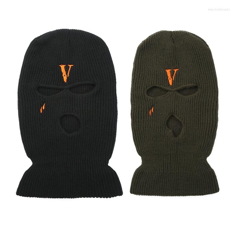

Berets All-match Letter V Embroidered Knitted Hat Face Mask 3 Holes Balaclava Ear Protection For Winter Outdoor Activities H7EF, Black
