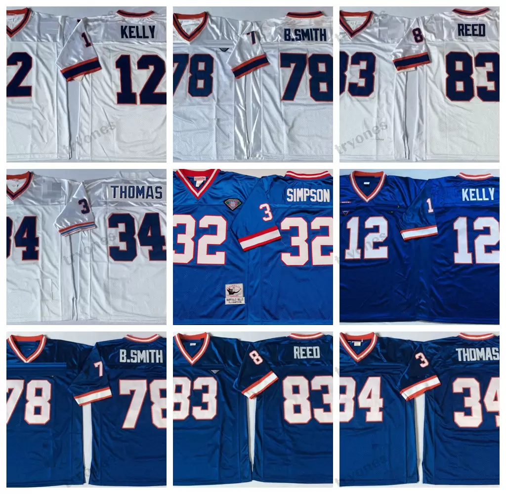 

football Vintage 12 Jim Kelly 34 Thurman Thomas Football Jerseys 1994 75th 78 Bruce Smith 83 Andre Reed 32 OJ Simpson 35th Stitched Jersey B, Blue78
