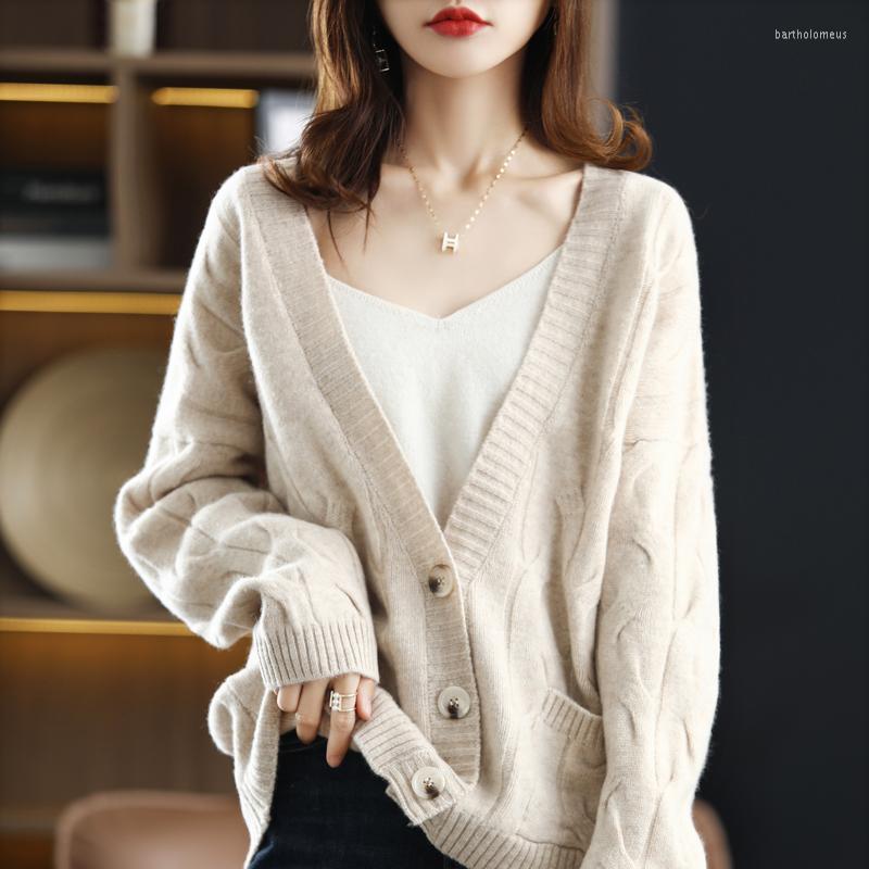 

Women's Knits Autumn And Winter Lazy Knitted Cardigan Women's Thick Large V-Neck Twist Pure Wool Korean Coat Loose Simple Fashion, Pink