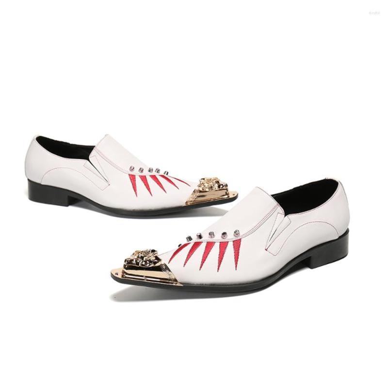 

Dress Shoes Summer Mens Korean Style Gold Pointed Toe Slip-on Printed White Leather Business Casual
