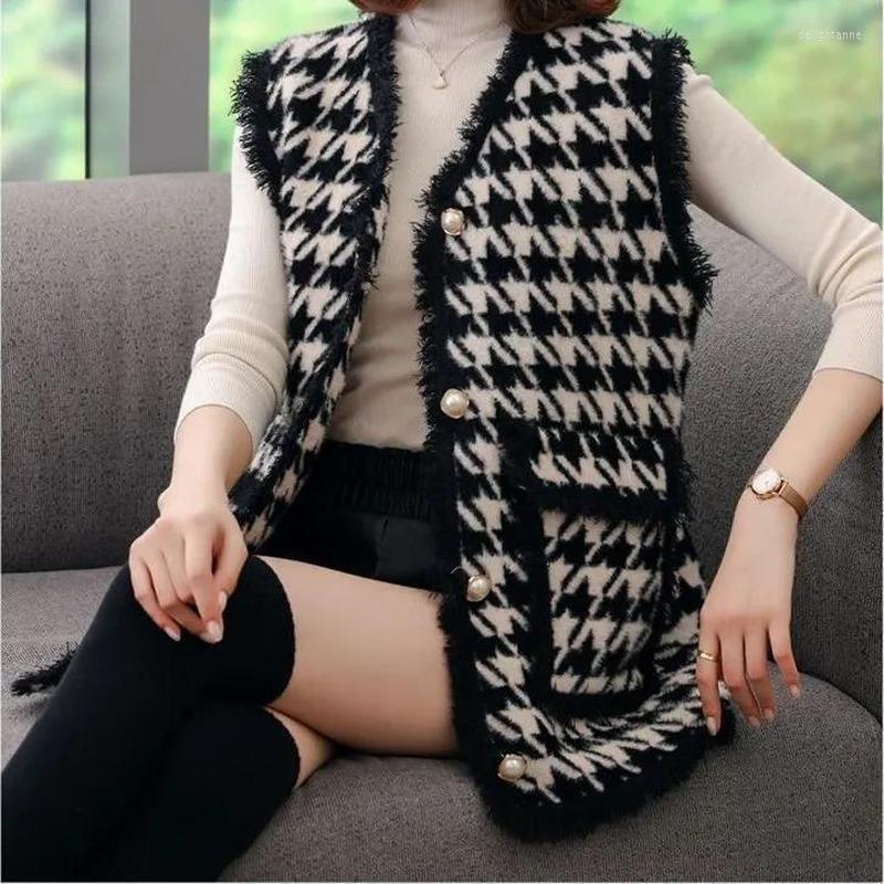 

Women's Vests Houndstooth Wool Women Tank Top High-end Office Ladies Pocket Coats Large Size Vest Spring Autumn Woolen Jackets, Black
