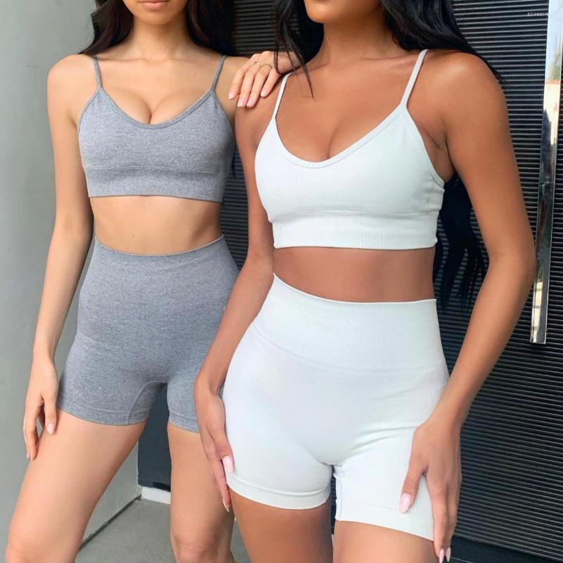 

Active Sets Yoga Set 2Pcs Women Sports Suit Summer Seamless Fitness Sportswear Workout Clothes Sexy Suspender Bra High Waist Shorts Gym, Purple 2pcs